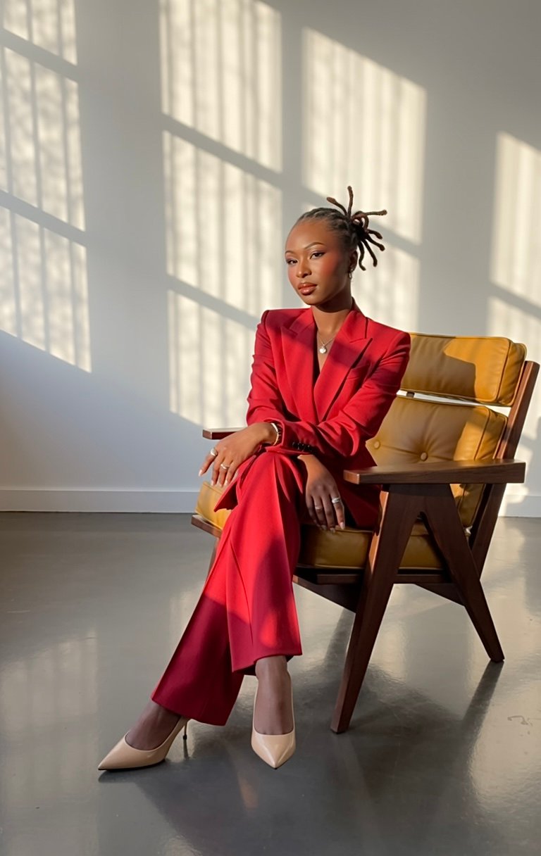 Portrait of artist Lehbie from label "Je suis Lehbie" seated confidently in a red suit and heels on a mustard armchair, in a sunlit studio