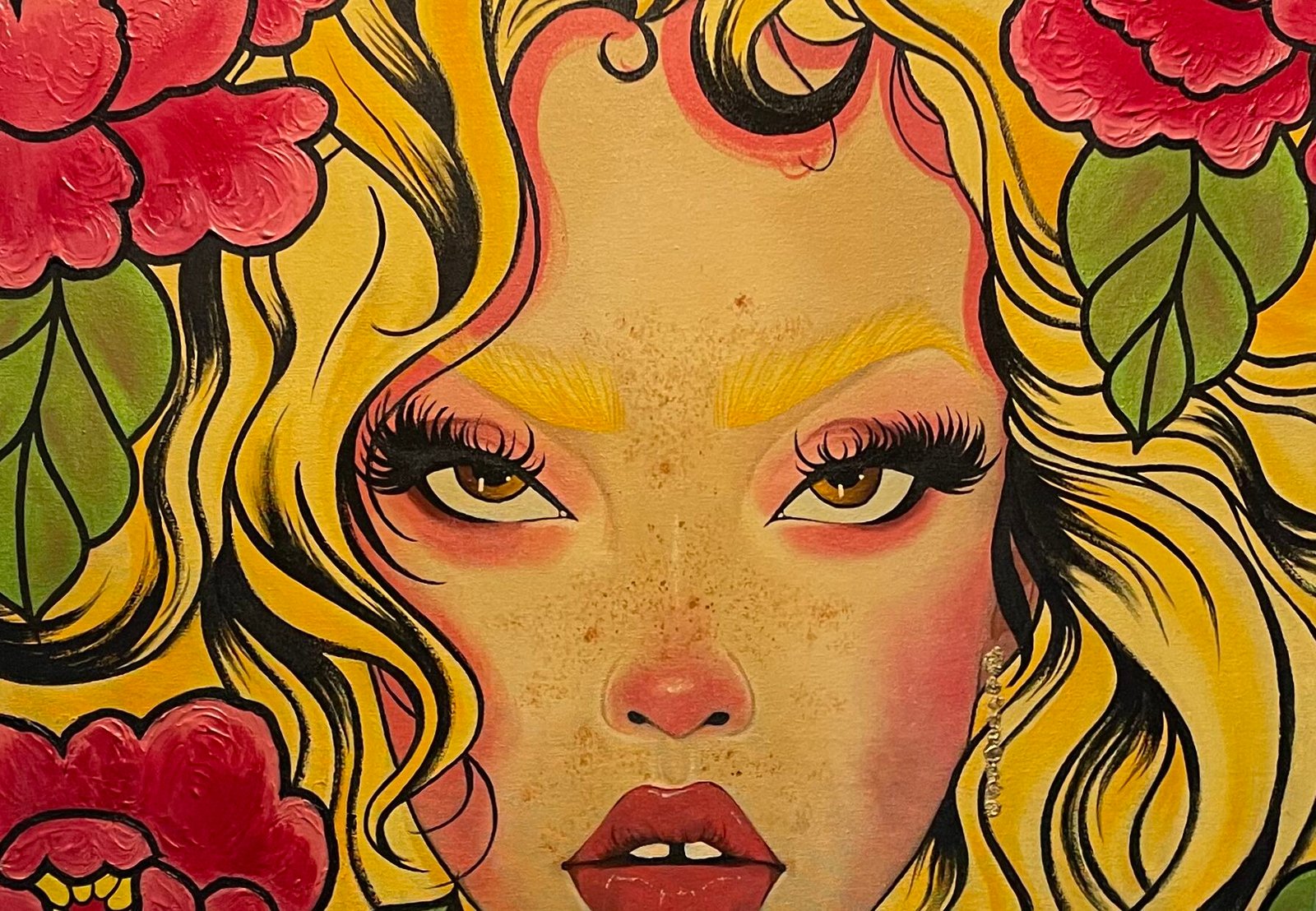 Painting of an albino woman surrounded by large pink peonies, created in acrylic by artist Lehbie from the label 'Je suis Lehbie'