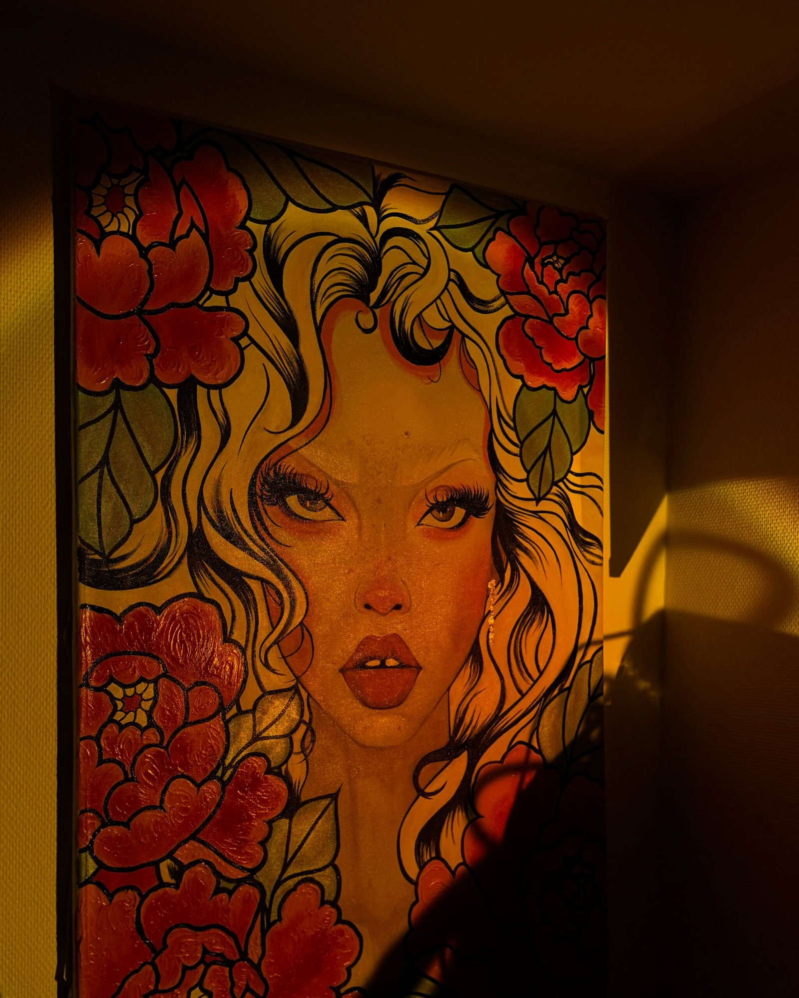 Colorful painting of a blonde woman surrounded by large pink peonies - artwork by Lehbie