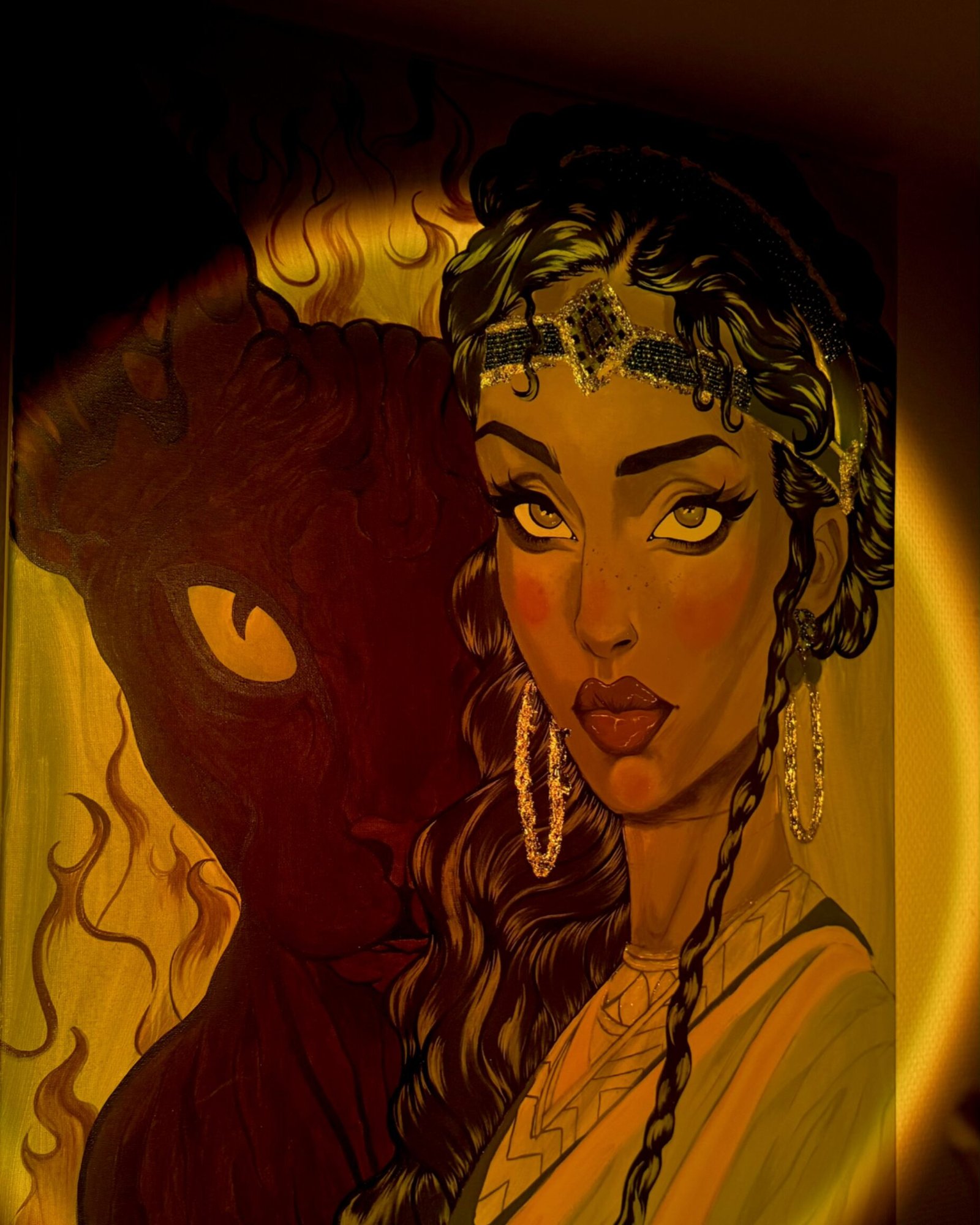 Acrylic painting of an ancientEgyptian priestess with golden jewelry and a mystical purple sphinx cat - Acrylic painting by Lehbie